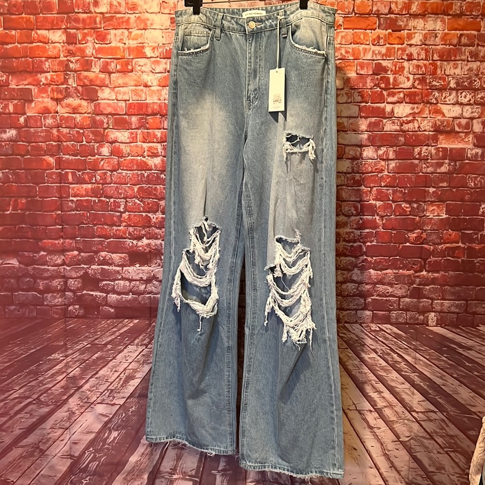 Flying Monkey Breezy Indigo Loose 90s Jeans Distressed Wide Leg NWT